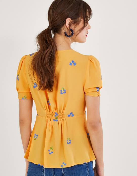 Monsoon نحيف بلوزة شاي مطرزة من قماش الفيسكوز المستدام D68H814 ملابس أصفر