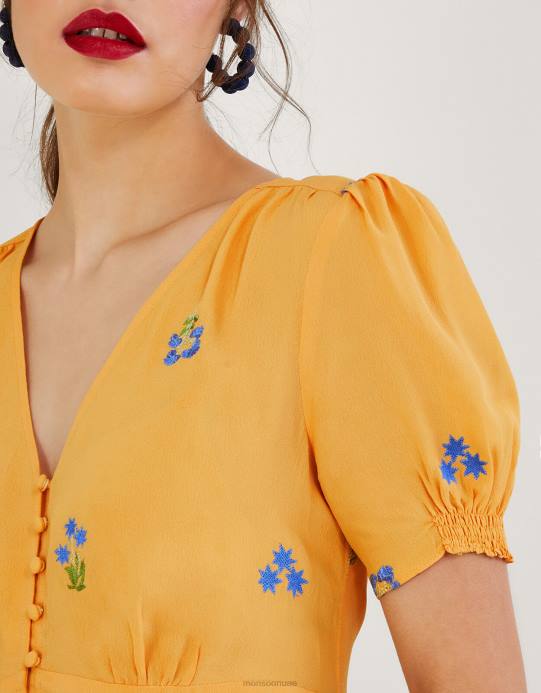 Monsoon نحيف بلوزة شاي مطرزة من قماش الفيسكوز المستدام D68H814 ملابس أصفر
