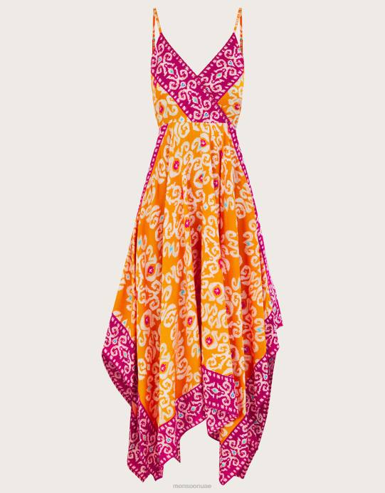 Monsoon نحيف فستان متوسط ​​الطول بحاشية منديل بطبعة بانداني في لينزينج إيكوفيرو D68H822 ملابس البرتقالي