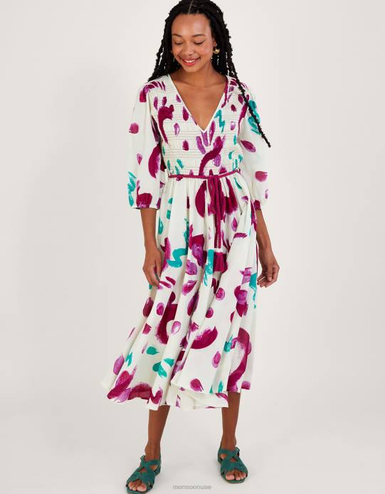 Monsoon نحيف فستان متوسط ​​الطول مكشكش بطبعات تجريدية، مصنوع من القطن المستدام D68H824 ملابس عاج