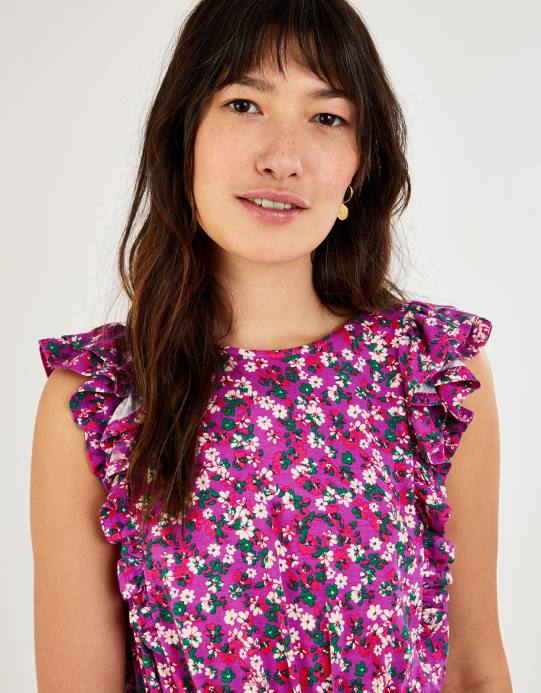 Monsoon نحيف فستان ميدي مزين بالزهور بدون أكمام D68H826 ملابس أرجواني