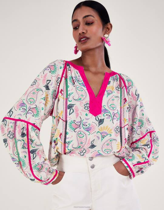 Monsoon نحيف بلوزة مطبوعة ومطرزة من لينزينغ إيكوفيرو D68H83 ملابس عاج