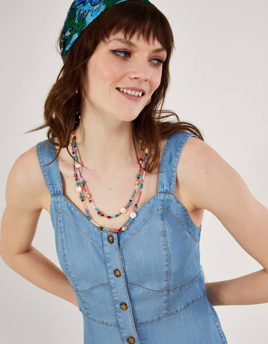 Monsoon نحيف فستان الشمس ميدي الطبقات الدنيم D68H833 ملابس الأزرق (الدنيم الأزرق)