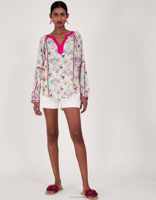 Monsoon نحيف بلوزة مطبوعة ومطرزة من لينزينغ إيكوفيرو D68H83 ملابس عاج