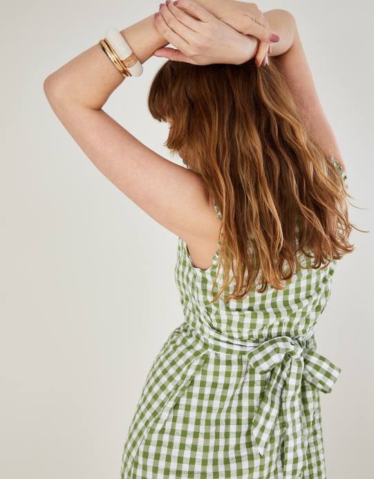 Monsoon نحيف فستان بطبقات وطبعات جينغهام D68H842 ملابس أخضر