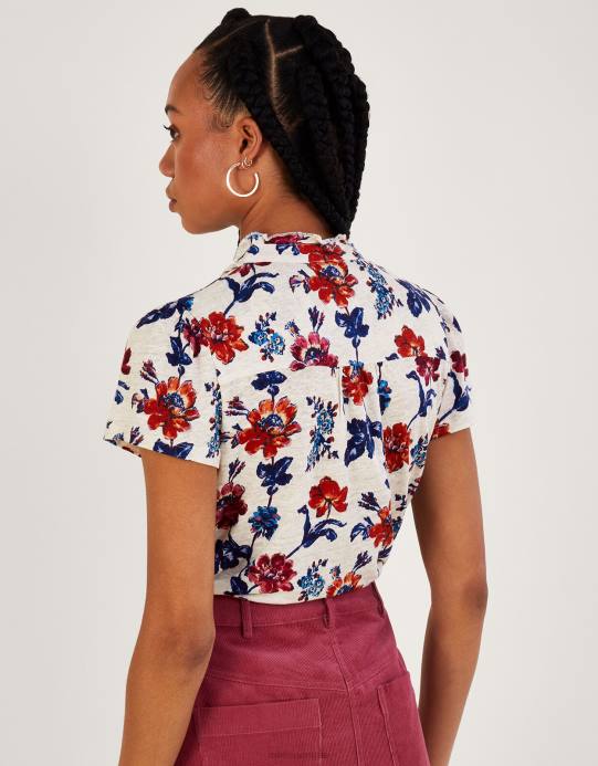 Monsoon نحيف قميص علوي من الكتان مطبوع عليه زهور وأكمام قصيرة D68H844 ملابس متعدد