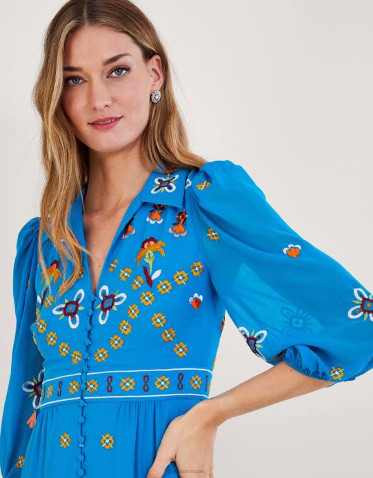 Monsoon نحيف فستان قميص بلير مطرز من البوليستر المعاد تدويره D68H847 ملابس أزرق