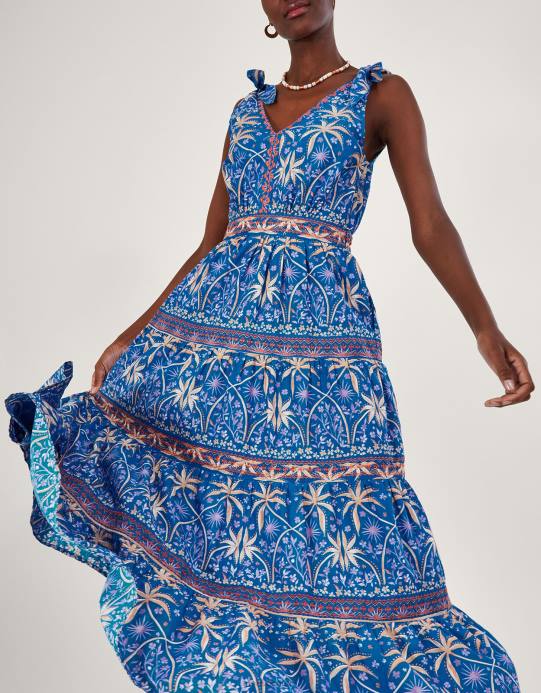 Monsoon نحيف فستان ميدي بطبعة النخيل D68H851 ملابس أزرق