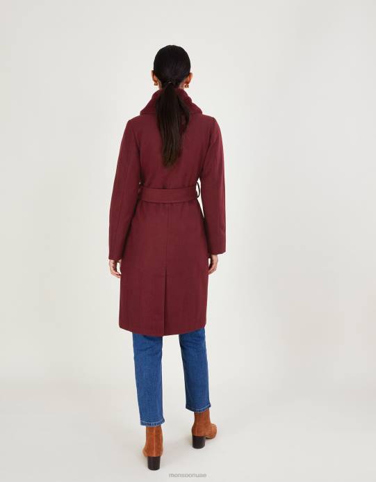 Monsoon نحيف معطف بياقة فرو روفوس وحزام من البوليستر المعاد تدويره D68H852 ملابس خمر أحمر)