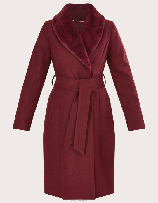 Monsoon نحيف معطف بياقة فرو روفوس وحزام من البوليستر المعاد تدويره D68H852 ملابس خمر أحمر)