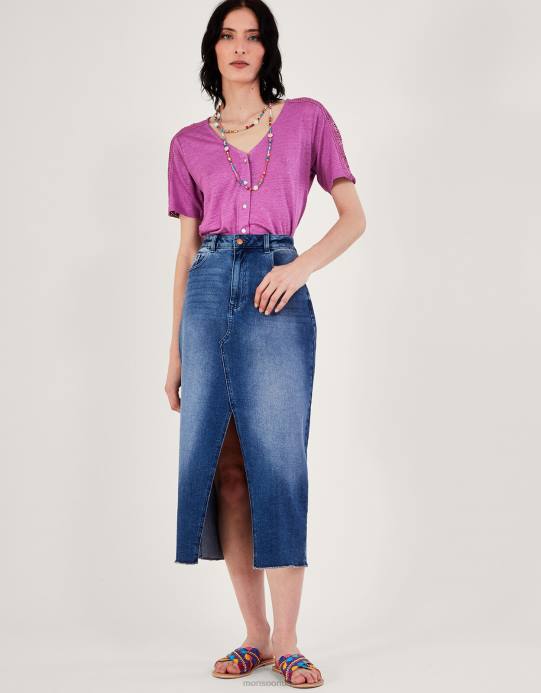 Monsoon نحيف زر من خلال الدانتيل الكتان تي شيرت D68H85 ملابس أرجواني