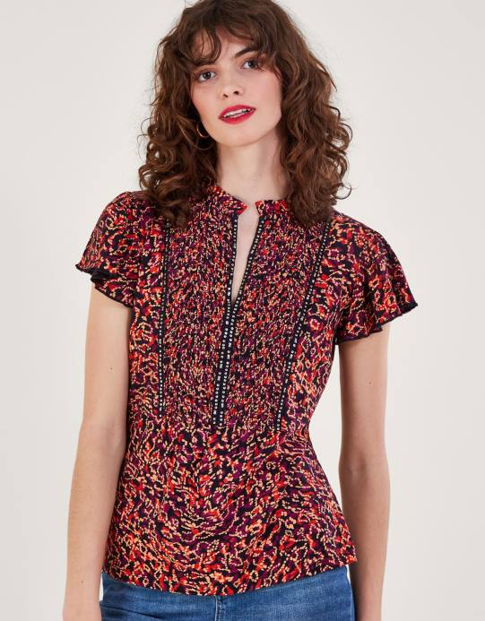 Monsoon نحيف بلوزة جيرسيه مطبوعة ومزينة D68H86 ملابس أحمر