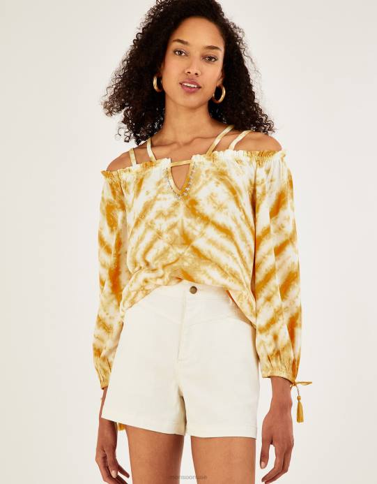 Monsoon نحيف بلوزة بأكمام طويلة وطبعات مصبوغة D68H869 ملابس المغرة الصفراء)