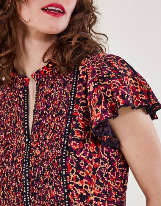 Monsoon نحيف بلوزة جيرسيه مطبوعة ومزينة D68H86 ملابس أحمر