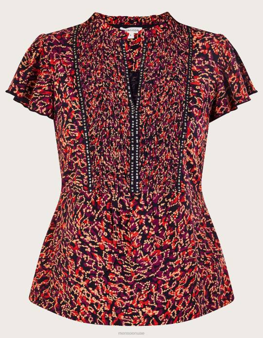 Monsoon نحيف بلوزة جيرسيه مطبوعة ومزينة D68H86 ملابس أحمر