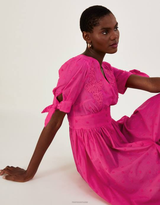 Monsoon نحيف فستان دوبي مطرز من القطن المستدام D68H871 ملابس لون القرنفل