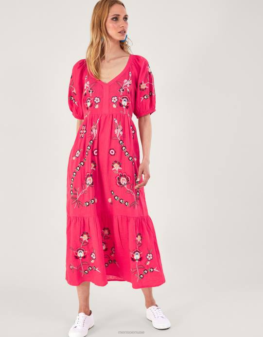 Monsoon نحيف فستان ميدي مطرز بمزيج الكتان D68H872 ملابس برتقالي (مرجاني)