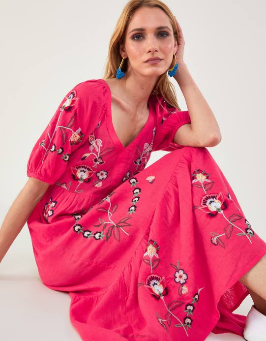 Monsoon نحيف فستان ميدي مطرز بمزيج الكتان D68H872 ملابس برتقالي (مرجاني)