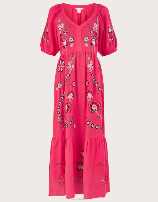 Monsoon نحيف فستان ميدي مطرز بمزيج الكتان D68H872 ملابس برتقالي (مرجاني)