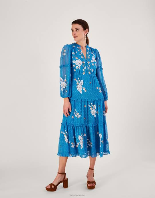 Monsoon نحيف فستان بطبقات من البوليستر المعاد تدويره D68H874 ملابس أزرق