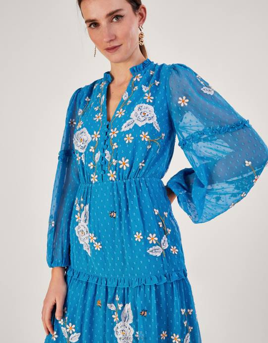 Monsoon نحيف فستان بطبقات من البوليستر المعاد تدويره D68H874 ملابس أزرق