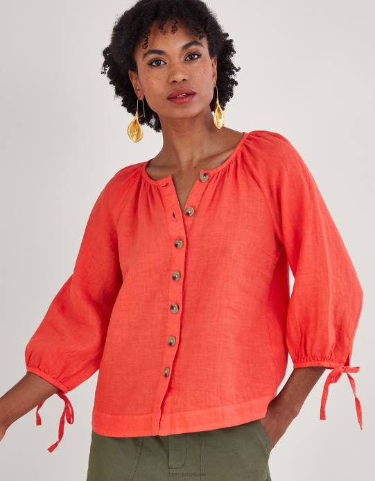 Monsoon نحيف بلوزة من الكتان برباط عنق دائري D68H880 ملابس أحمر