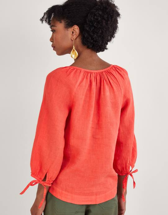 Monsoon نحيف بلوزة من الكتان برباط عنق دائري D68H880 ملابس أحمر