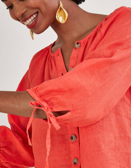 Monsoon نحيف بلوزة من الكتان برباط عنق دائري D68H880 ملابس أحمر