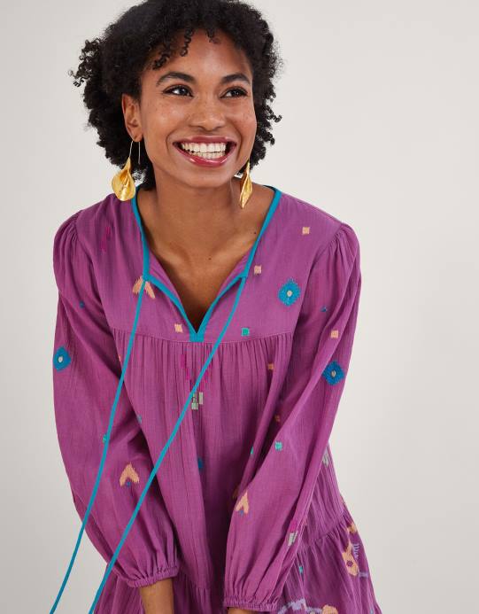 Monsoon نحيف فستان ميدي مطرز بطبعة هندسية مجردة D68H882 ملابس البنفسجي