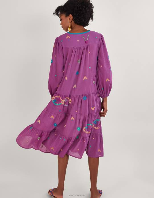 Monsoon نحيف فستان ميدي مطرز بطبعة هندسية مجردة D68H882 ملابس البنفسجي