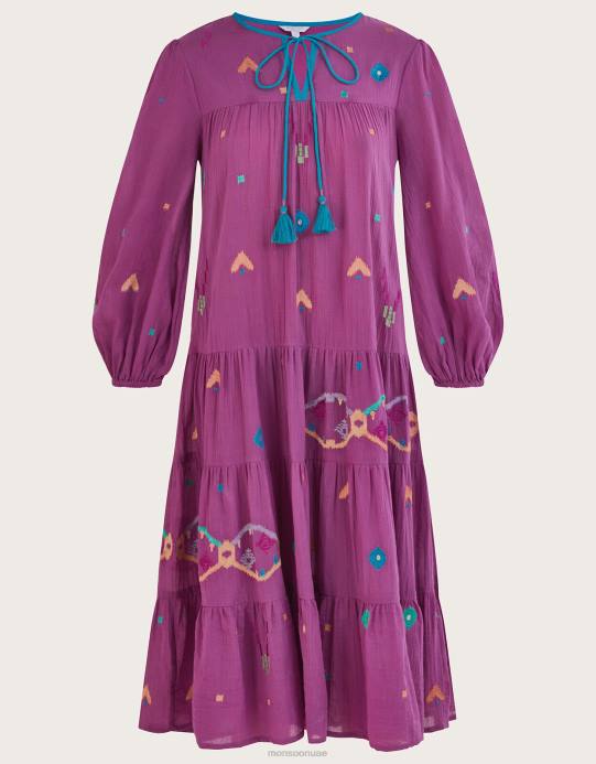 Monsoon نحيف فستان ميدي مطرز بطبعة هندسية مجردة D68H882 ملابس البنفسجي