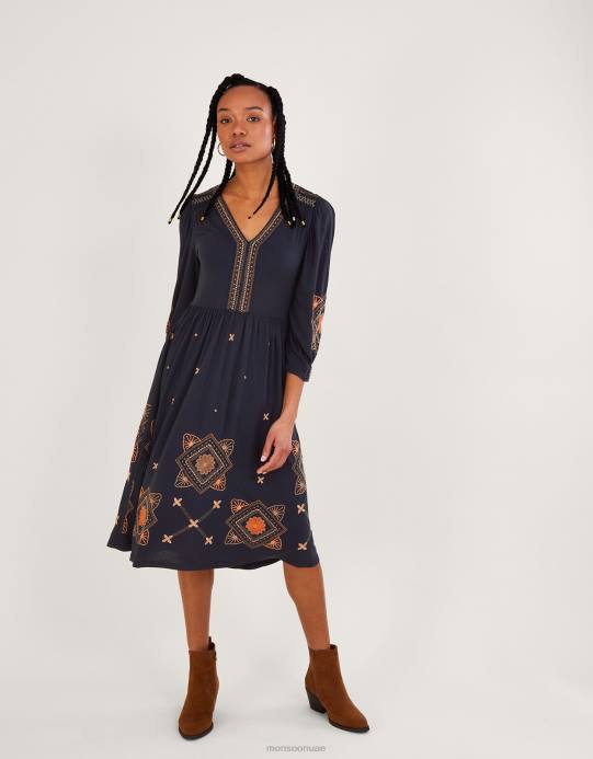 Monsoon نحيف فستان جيرسيه ميدي بأكمام منتفخة D68H883 ملابس الأزرق الداكن)