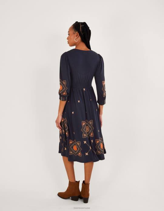 Monsoon نحيف فستان جيرسيه ميدي بأكمام منتفخة D68H883 ملابس الأزرق الداكن)