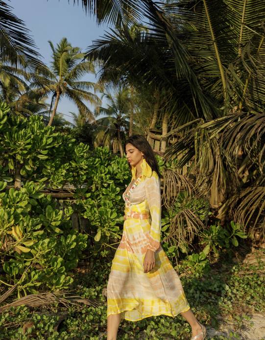 Monsoon نحيف فستان قفطان ماكسي مصبوغ برباط فاخر D68H886 ملابس أصفر