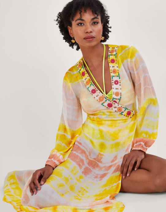 Monsoon نحيف فستان قفطان ماكسي مصبوغ برباط فاخر D68H886 ملابس أصفر