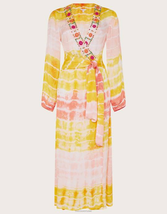 Monsoon نحيف فستان قفطان ماكسي مصبوغ برباط فاخر D68H886 ملابس أصفر