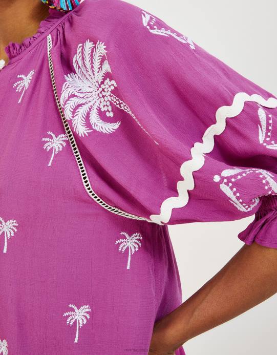 Monsoon نحيف بلوزة بيرنيلا مطرزة بالنخيل من الفيسكوز المستدام D68H890 ملابس لون القرنفل