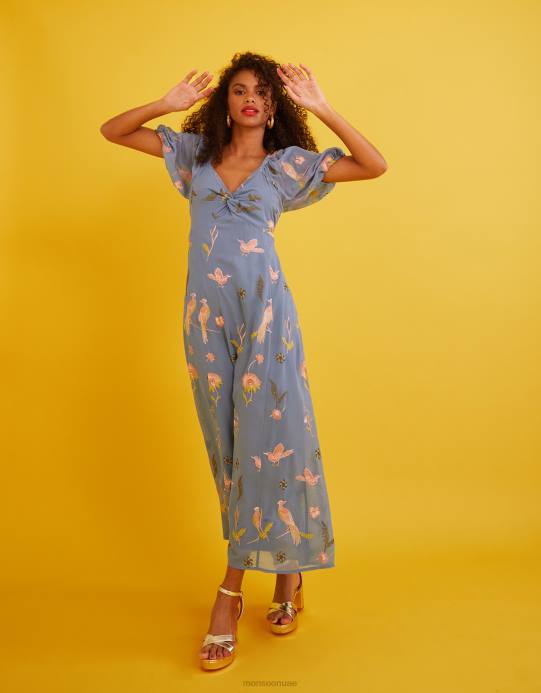 Monsoon نحيف فستان داني ميدي مطرز D68H894 ملابس أزرق