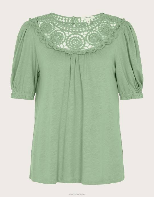 Monsoon نحيف بلوزة بأكمام مكشكشة من مزيج الكتان D68H898 ملابس الأخضر (الكاكي)