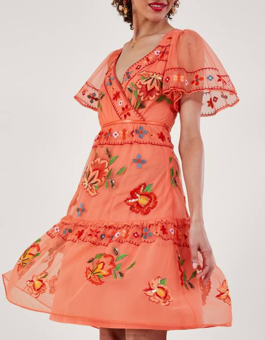 Monsoon نحيف فستان آنا المطرز بطبقات من البوليستر المعاد تدويره D68H916 ملابس البرتقالي