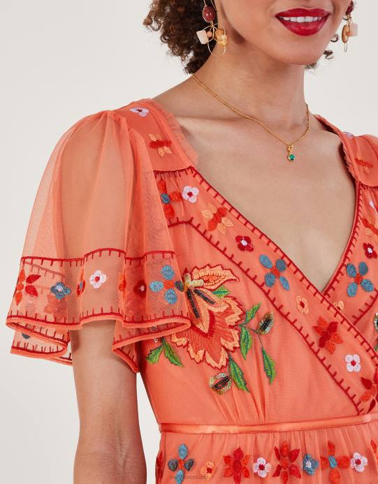 Monsoon نحيف فستان آنا المطرز بطبقات من البوليستر المعاد تدويره D68H916 ملابس البرتقالي