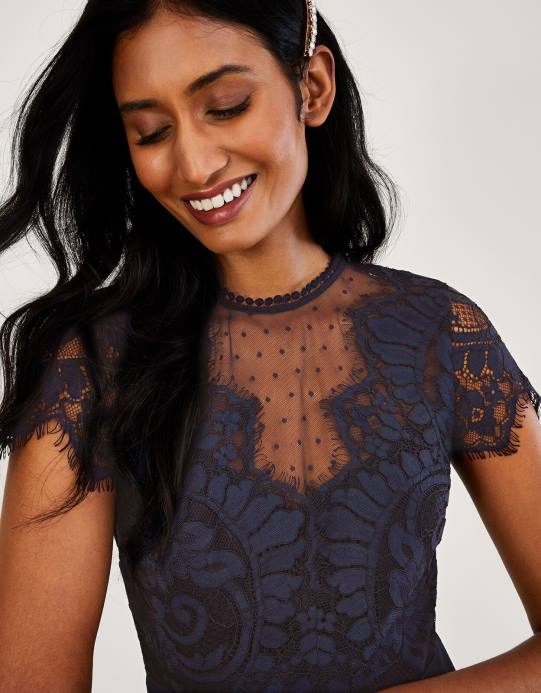 Monsoon نحيف فستان ديانا ماكسي من الدانتيل D68H921 ملابس الأزرق الداكن)