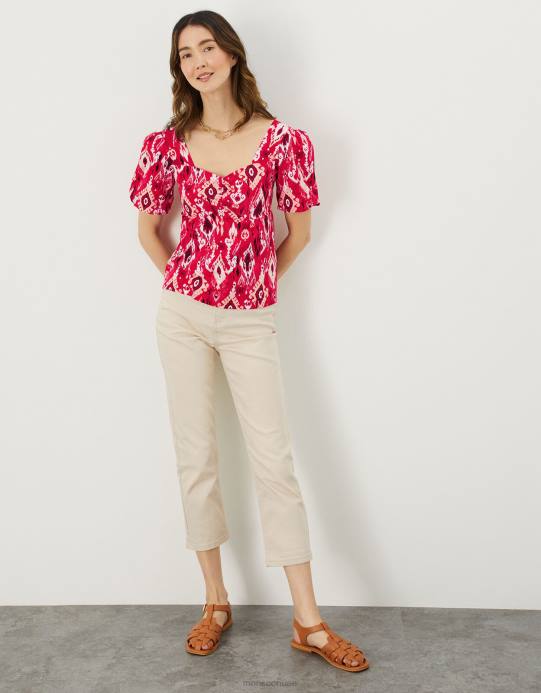 Monsoon نحيف بلوزة برقبة مربعة وطبعة إيكات من القطن المستدام D68H924 ملابس أحمر