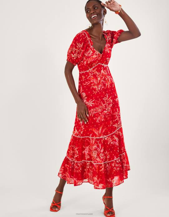 Monsoon نحيف فستان آرييل بطبعات طبقات مع الفيسكوز المستدام D68H938 ملابس أحمر