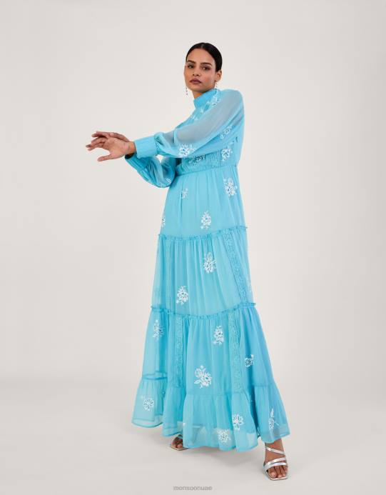 Monsoon نحيف فستان مادي طويل مطرز من البوليستر المعاد تدويره D68H942 ملابس الأزرق (أكوا)