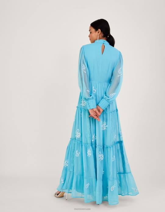 Monsoon نحيف فستان مادي طويل مطرز من البوليستر المعاد تدويره D68H942 ملابس الأزرق (أكوا)