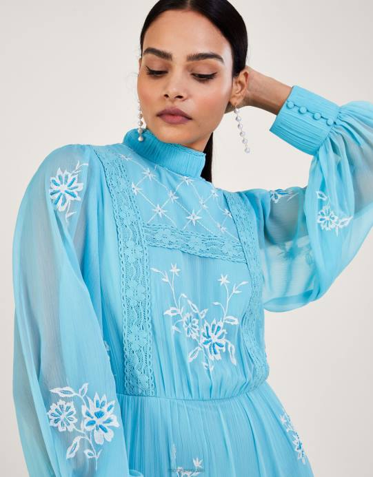 Monsoon نحيف فستان مادي طويل مطرز من البوليستر المعاد تدويره D68H942 ملابس الأزرق (أكوا)