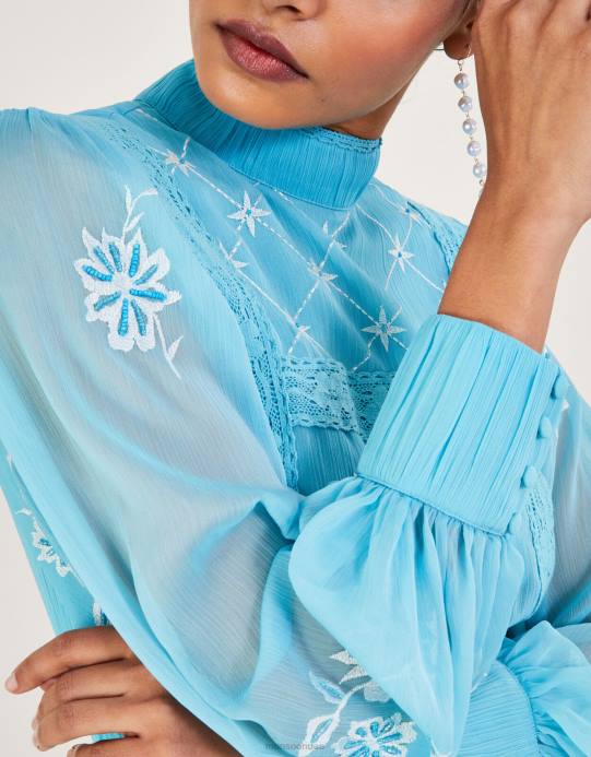 Monsoon نحيف فستان مادي طويل مطرز من البوليستر المعاد تدويره D68H942 ملابس الأزرق (أكوا)