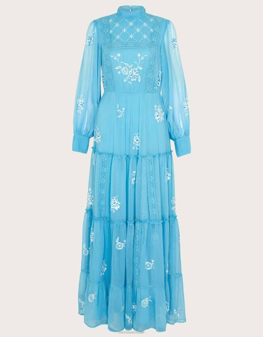 Monsoon نحيف فستان مادي طويل مطرز من البوليستر المعاد تدويره D68H942 ملابس الأزرق (أكوا)