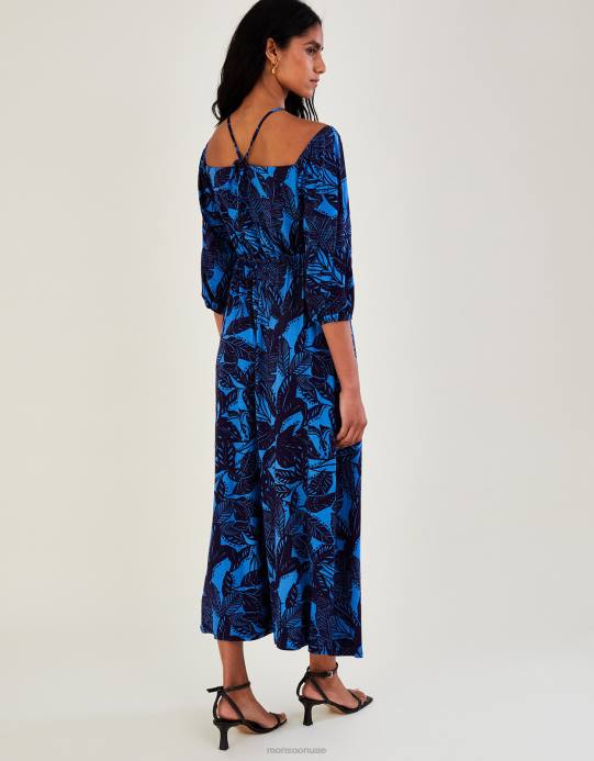 Monsoon نحيف فستان ماكسي جيرسيه بطبعة أوراق الشجر D68H943 ملابس أزرق